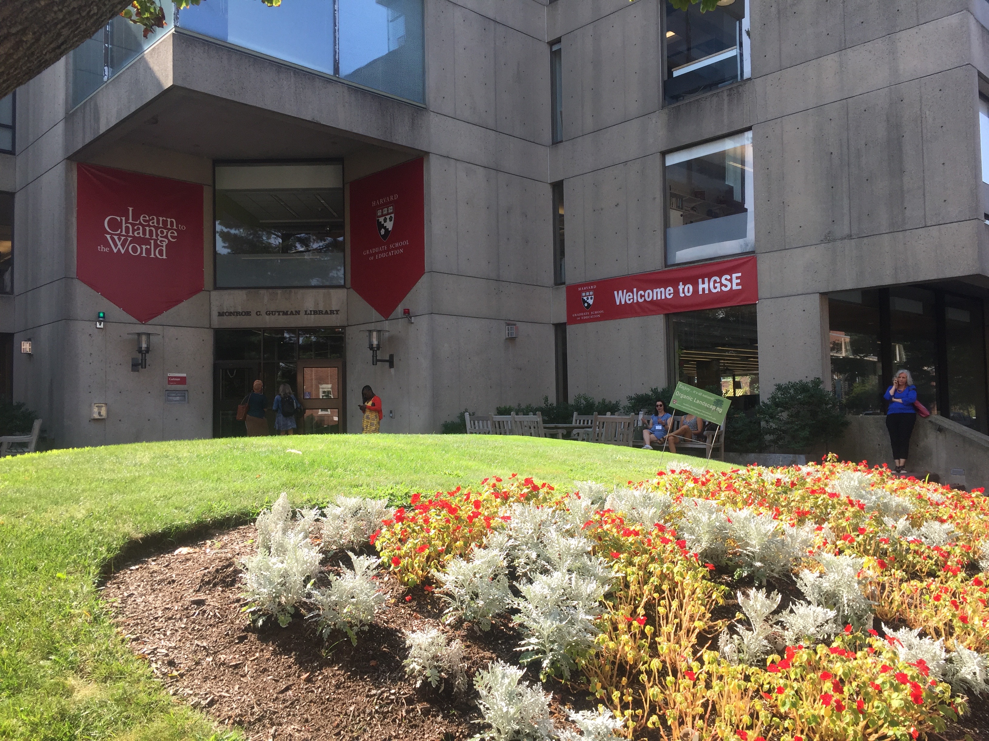 The outside of Gutman Library on a beautiful fall day