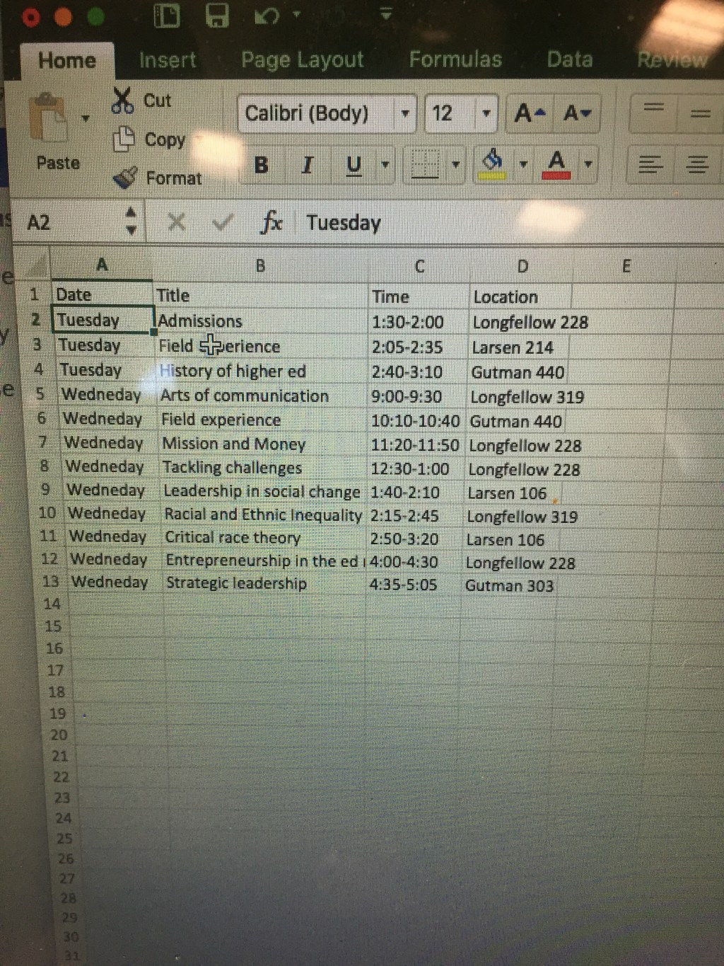 A list of classes to be previewed during course shopping