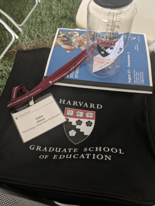 HGSE tote bag, water bottle, and nametag