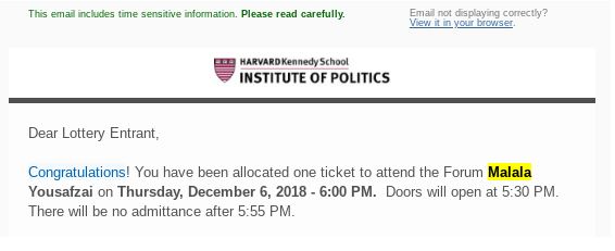 An email congratulating the author on winning a ticket to see Malala Yousafzai