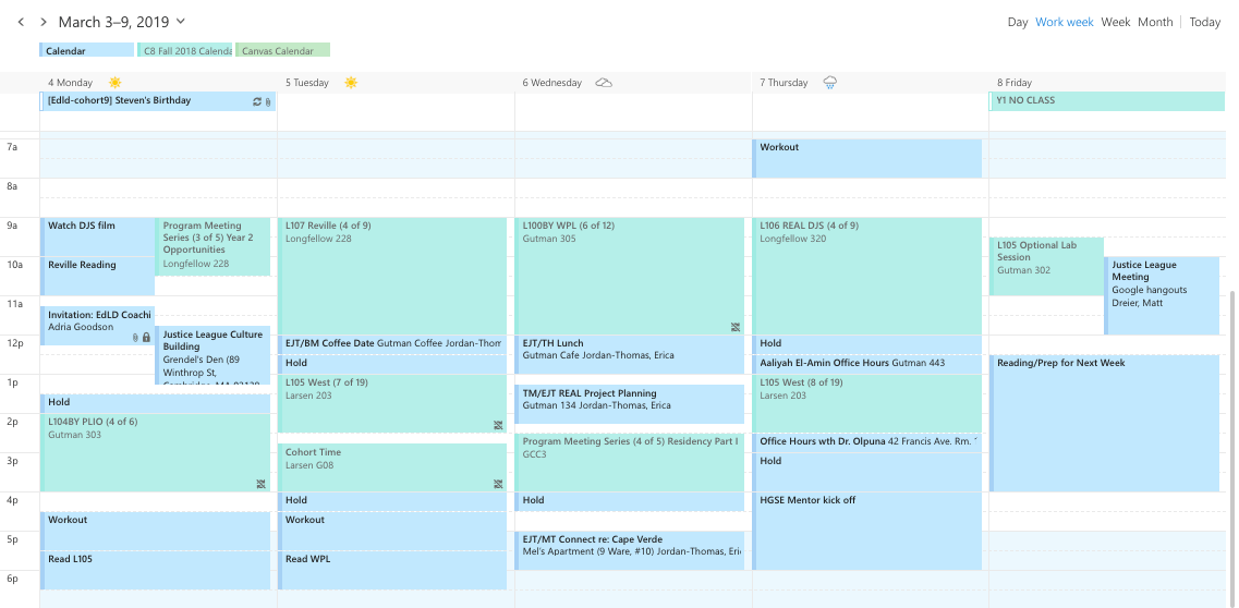 A schedule from an HGSE Ed.L.D. Student